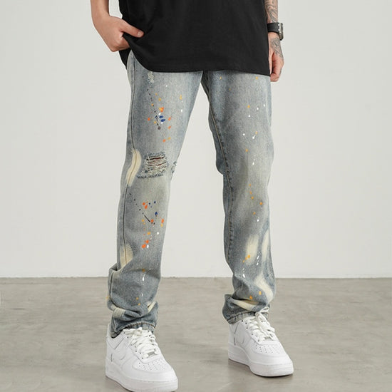 Knife Cut Ink Paint Straight Loose Jeans Men
