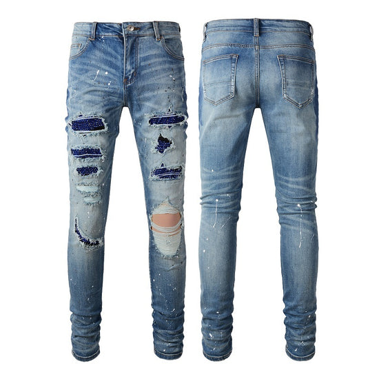 Hot Diamond Speckle Paint Elastic Slim Fit Light Jeans For Men